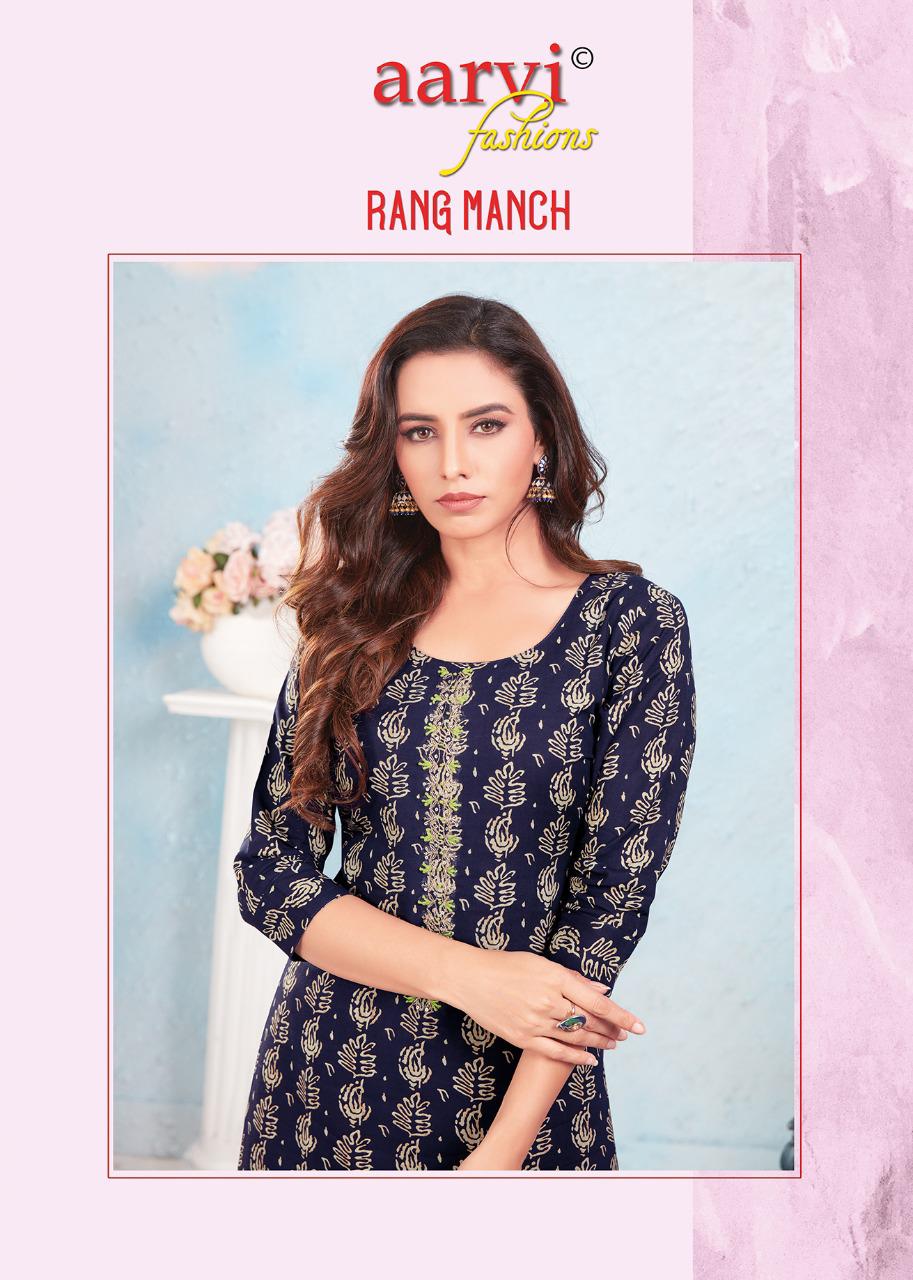 Aarvi Rang Manch Ethnic Wear Rayon Printed Kurti With Bottom Collection